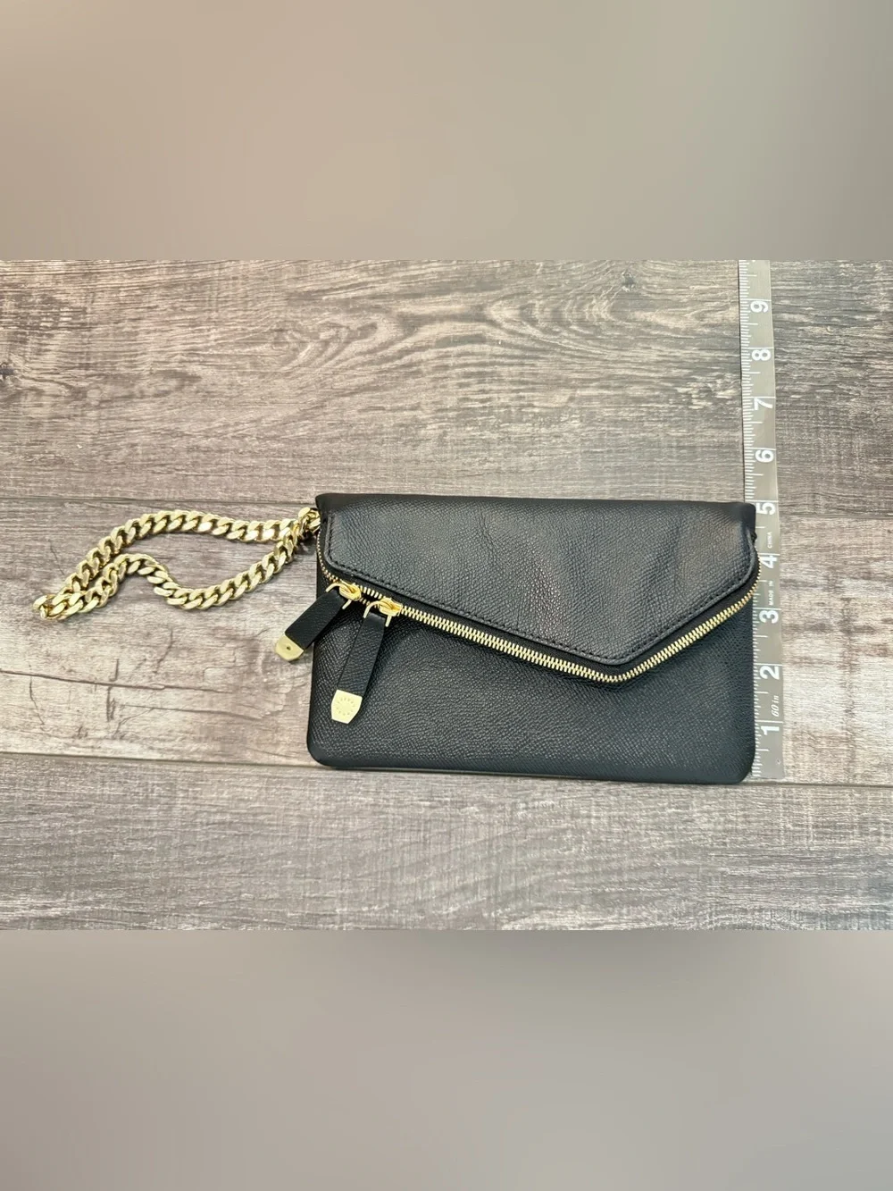 henri bendel Black Leather Clutch with Gold Chain Strap